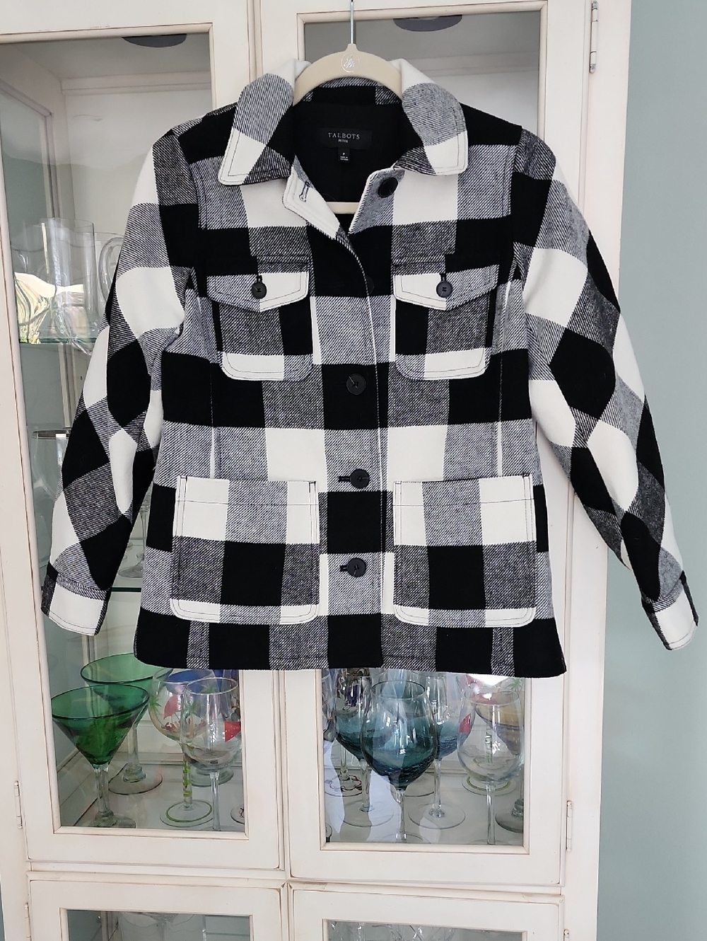 Talbots Black & White Buffalo-Check Pea Coat